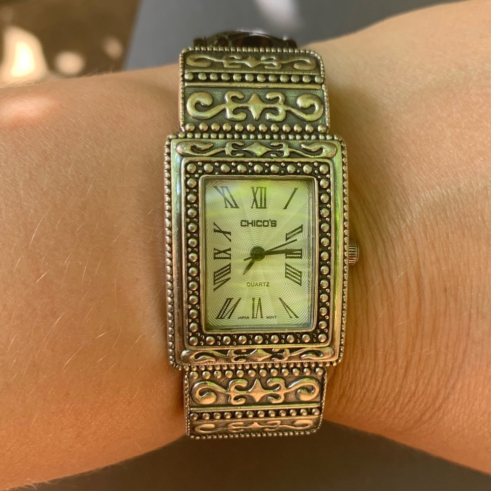 Chico’s Black Leather Silver Tone Bracelet Watch Southwestern EUC Rectangle face